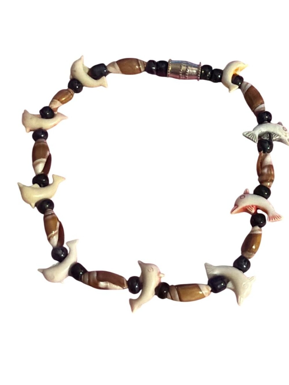 Vintage Dolphin Shell Fetish Bracelet Carved Black Beads Screw Barrel 7" Beach